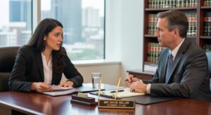 Cliente consultando con abogado sobre caso de accidente en estados unidos