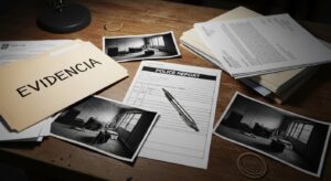 Evidencia de accidente incluyendo fotos reporte policial y documentos médicos