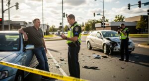 Policía tomando declaraciones para completar el reporte de accidente de tráfico en el lugar del incidente