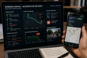 Pantalla mostrando evidencia digital, GPS y datos móviles relacionados con un accidente de delivery