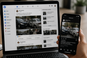 Pantalla mostrando publicaciones y fotografías relacionadas con un accidente en redes sociales