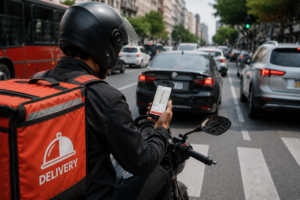 Repartidor de comida usando una aplicación de delivery mientras conduce una motocicleta en tráfico urbano