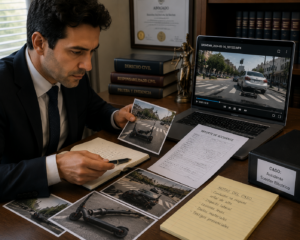 Abogado revisando evidencia de accidente con scooter eléctrico