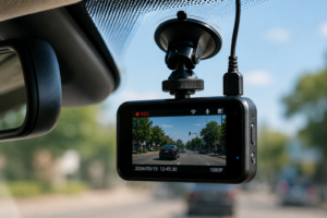 Dashcam instalada en parabrisas para registrar accidentes