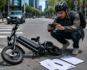 Persona con bicicleta eléctrica tomando fotografías de la escena
