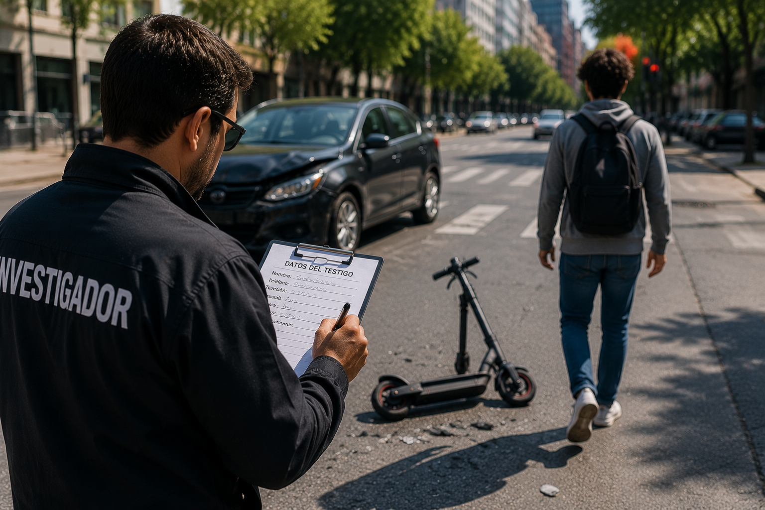 Investigador registrando datos mientras un testigo se aleja de la escena del accidente