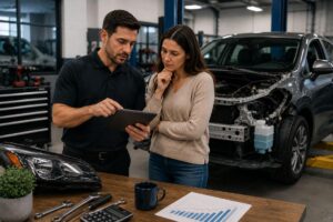 Conductor consultando el tiempo de reparación de su auto dañado después de un accidente