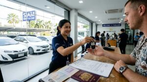 Conductor recibiendo un vehículo de alquiler mientras su auto está en reparación