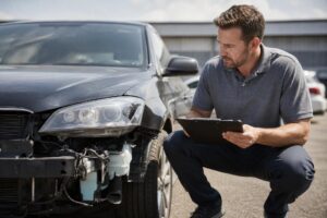 Evaluador de seguros inspeccionando daños de un automóvil después de un choque