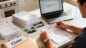 Revisión de documentos y fotografías para disputar una oferta de pérdida total